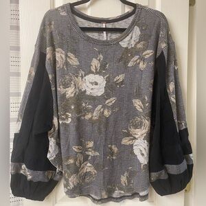 Free People Floral Patch Thermal Balloon Sleeve Top Size Medium